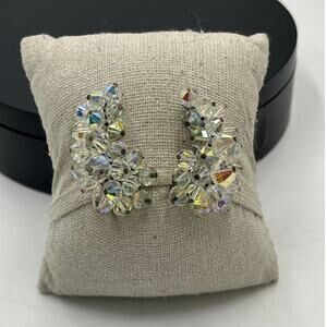 Laguna Vintage Crystal Cluster Aurora Borealis Bead Earrings Clip On Silver Tone